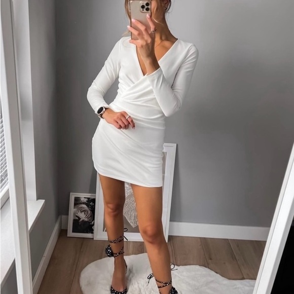 Zara white mini dress draped wrap long sleeve shower party wedding - Picture 5 of 9